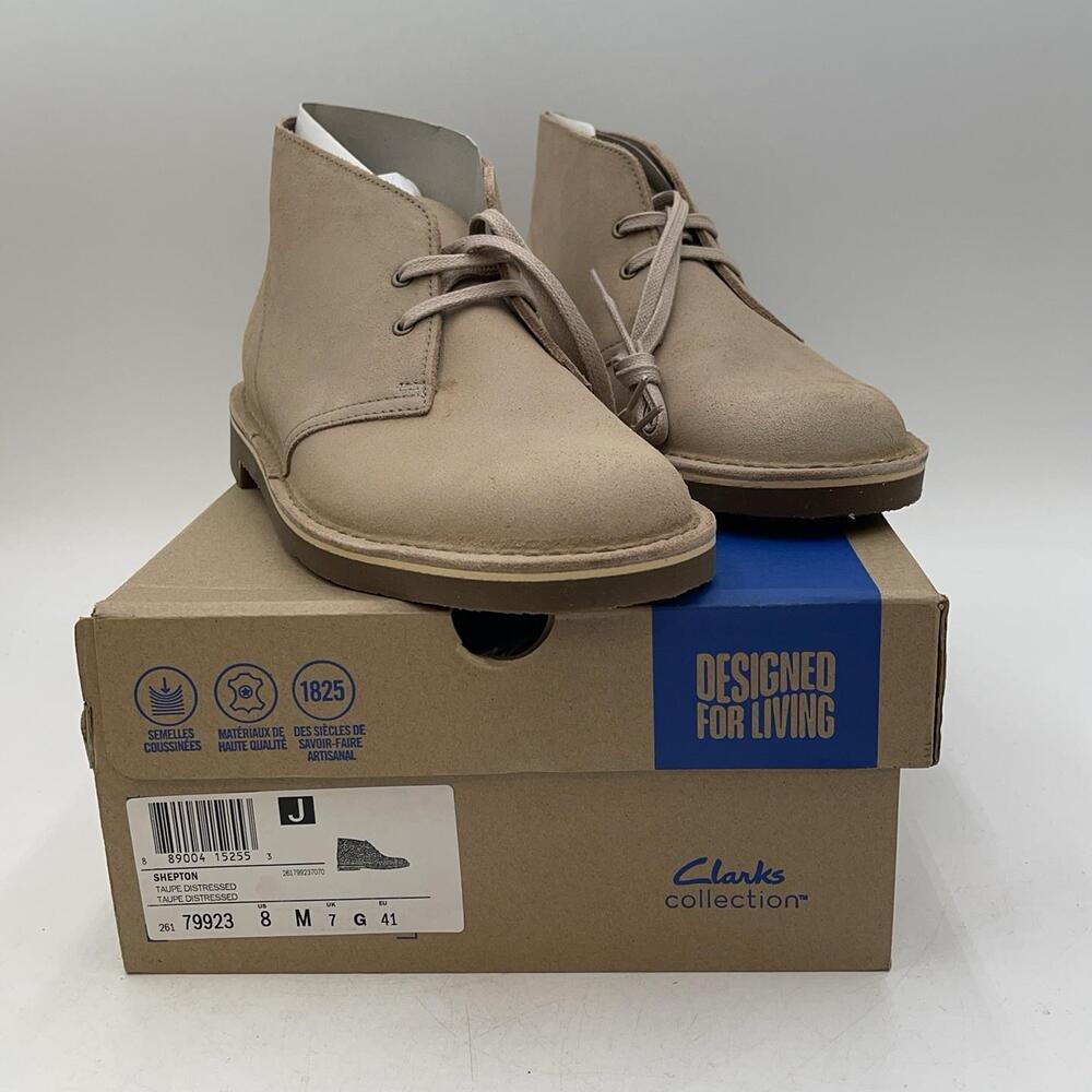 Clarks Shepton Boots Mens Taupe Beige Suede Desert Ankle Comfort Size 8